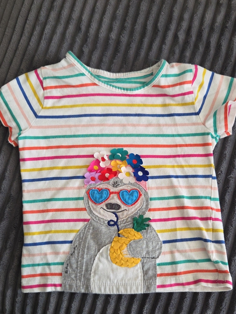 Mini Boden White Multicolor Striped Tee with Sloth and Pineapple